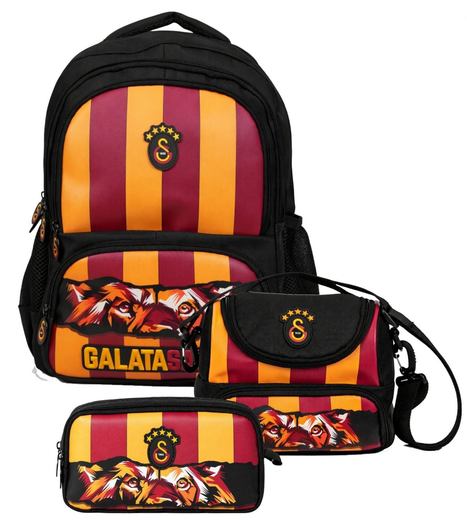 Galatasaray Erkek Çocuk Üçlü İlkokul Okul Çanta Seti - GS Aslan Baskılı (Siyah - Kırmızı) - SETGS26568A