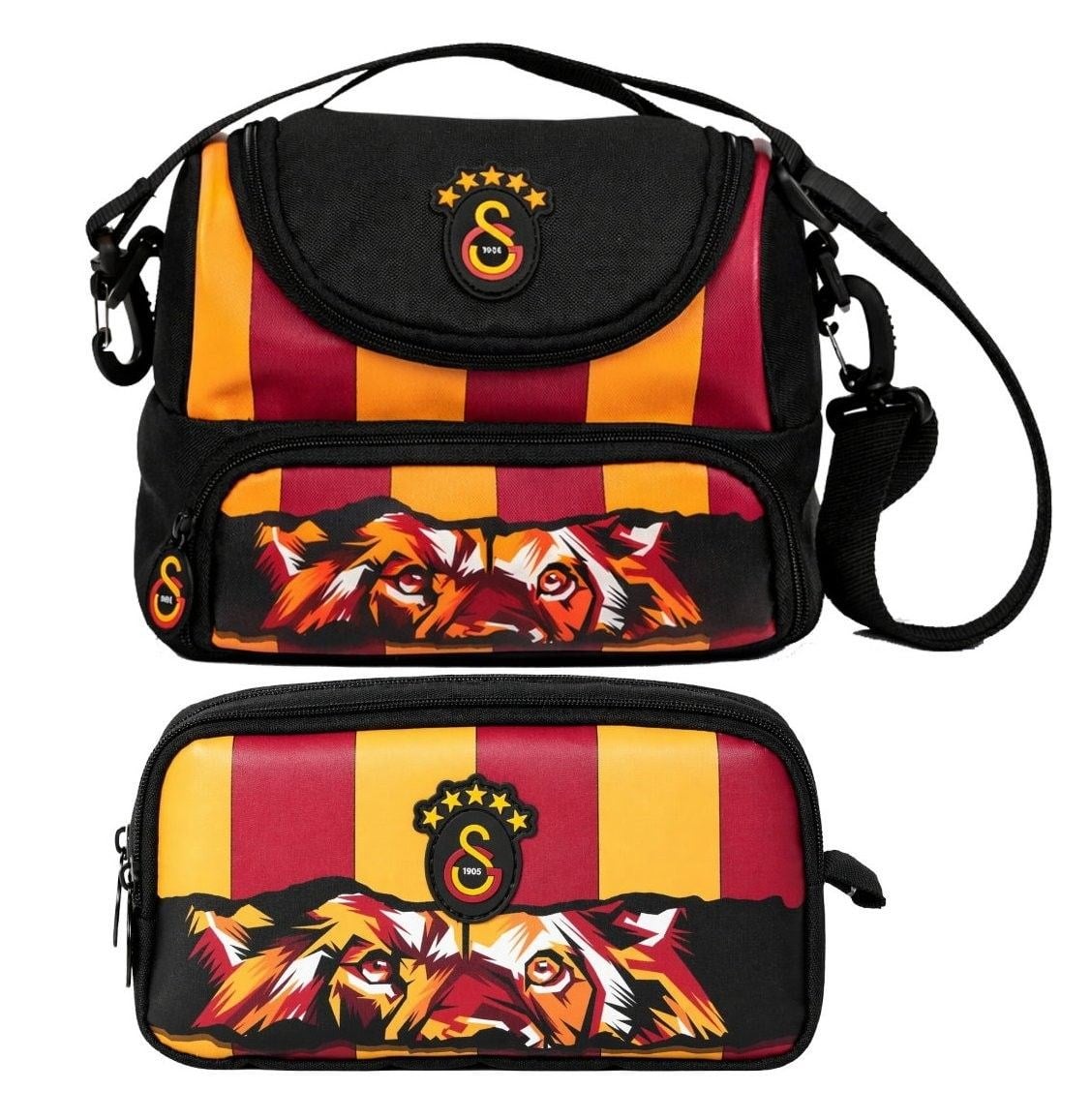 Galatasaray GS Aslan Baskılı Siyah - Kırmızı Erkek Çocuk Okul Beslenme Çantası ve Kalemlik Seti - SETGS26570