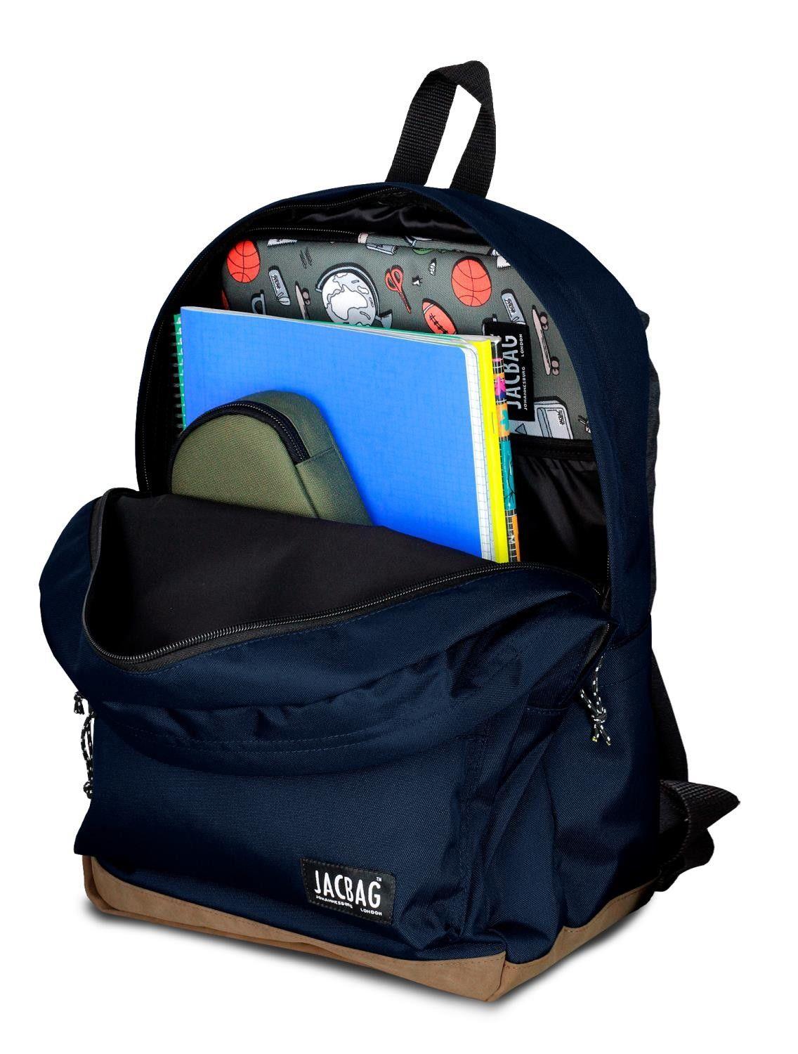 Jacbag Campus-Deri Tabanlı Üç Bölmeli Lacivert Sırt Çantası (Okul, Günlük, Seyahat)
