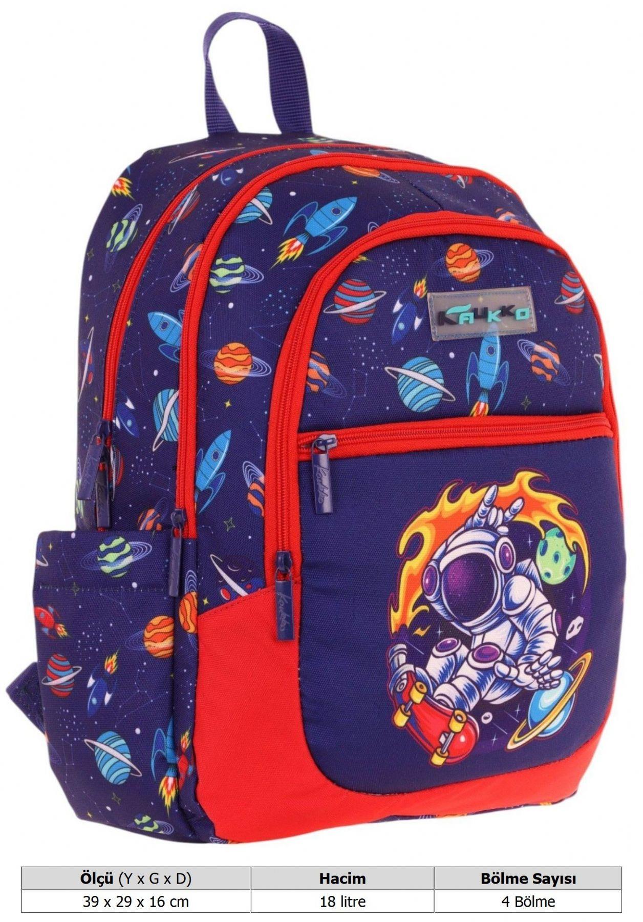 Kauıkko Kids Lacivert Kırmızı Astronot Baskılı Erkek Çocuk Okul Çantası - L5267 - Dört Gözlü