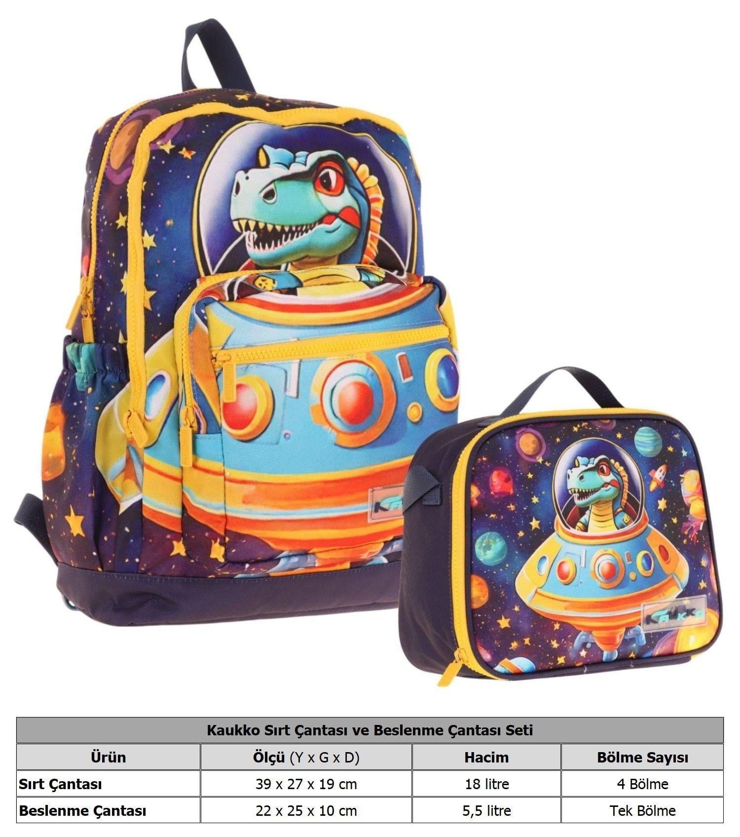 Kaukko Astronot Dinazor Baskılı Erkek Çocuk Okul Çantası ve Thermo Beslenme Çantası Seti - Mavi Sarı (L5273+L7273)