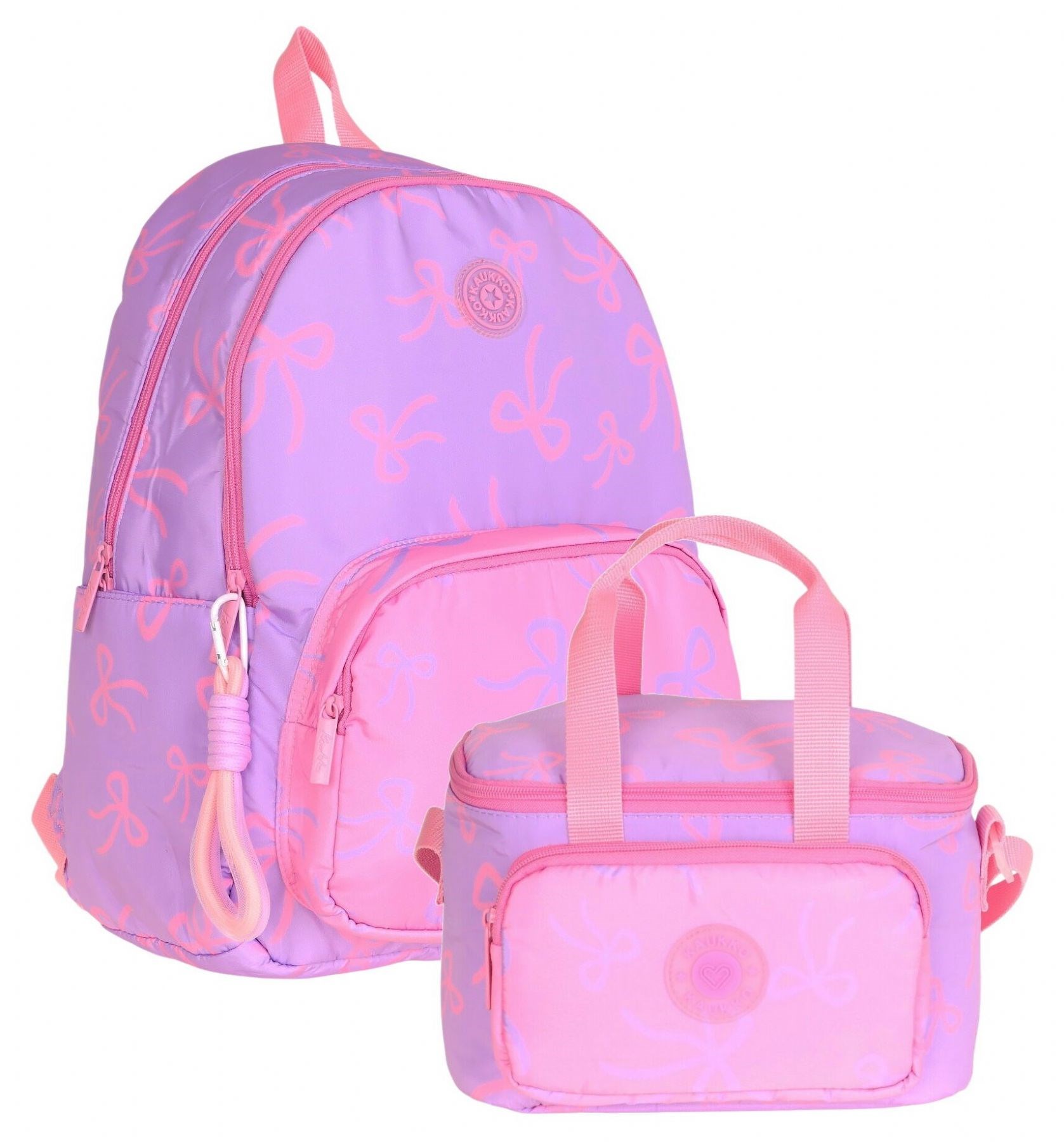 Kaukko Bow Kız Çocuk Mor Fiyonk Baskılı Okul Çantası ve Beslenme Çantası Seti - SETKK-K1879B