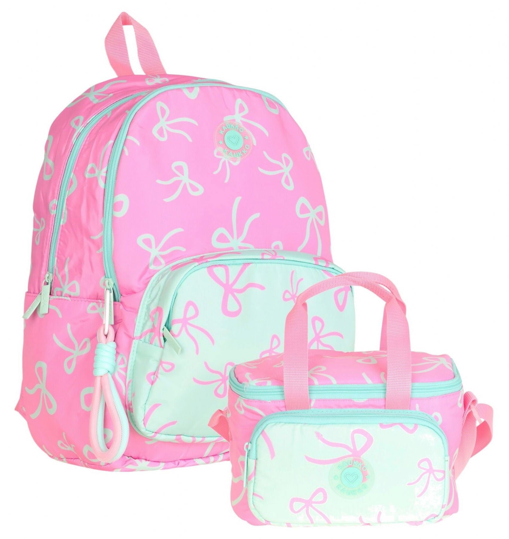 Kaukko Bow Kız Çocuk Pembe - Yeşil Fiyonk Baskılı Okul Çantası ve Beslenme Çantası Seti - SETKK-K1876B