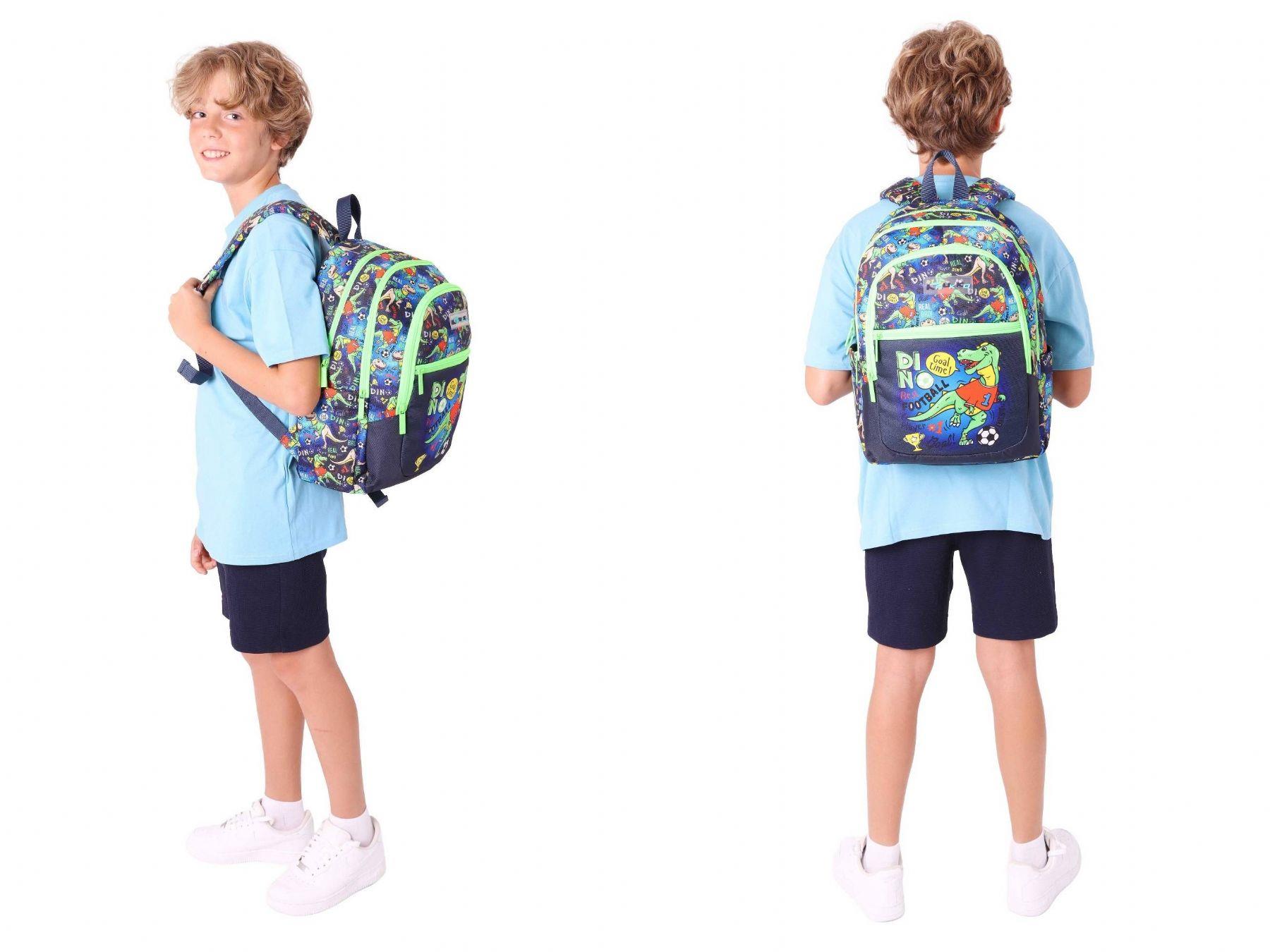 Kaukko Çanta Dinazor Desenli Erkek Çocuk Siyah Yeşil Okul Çantası ve Thermo Beslenme Çantası Takımı (L5266+L7266)