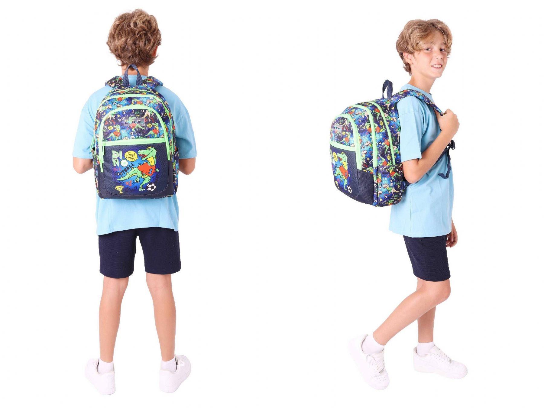 Kaukko Çanta Erkek Çocuk Dinazor Desenli Baskılı Okul Çantası ve Kalem Kutusu Seti (L5266+KK-L8266) - Siyah Yeşil