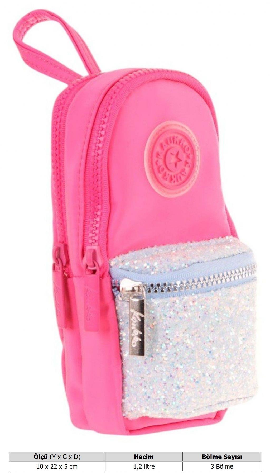 Kaukko Çanta Şekilli Kız Çocuk Üç Bölmeli Kalemlik - Pembe - Taşlı - K2722