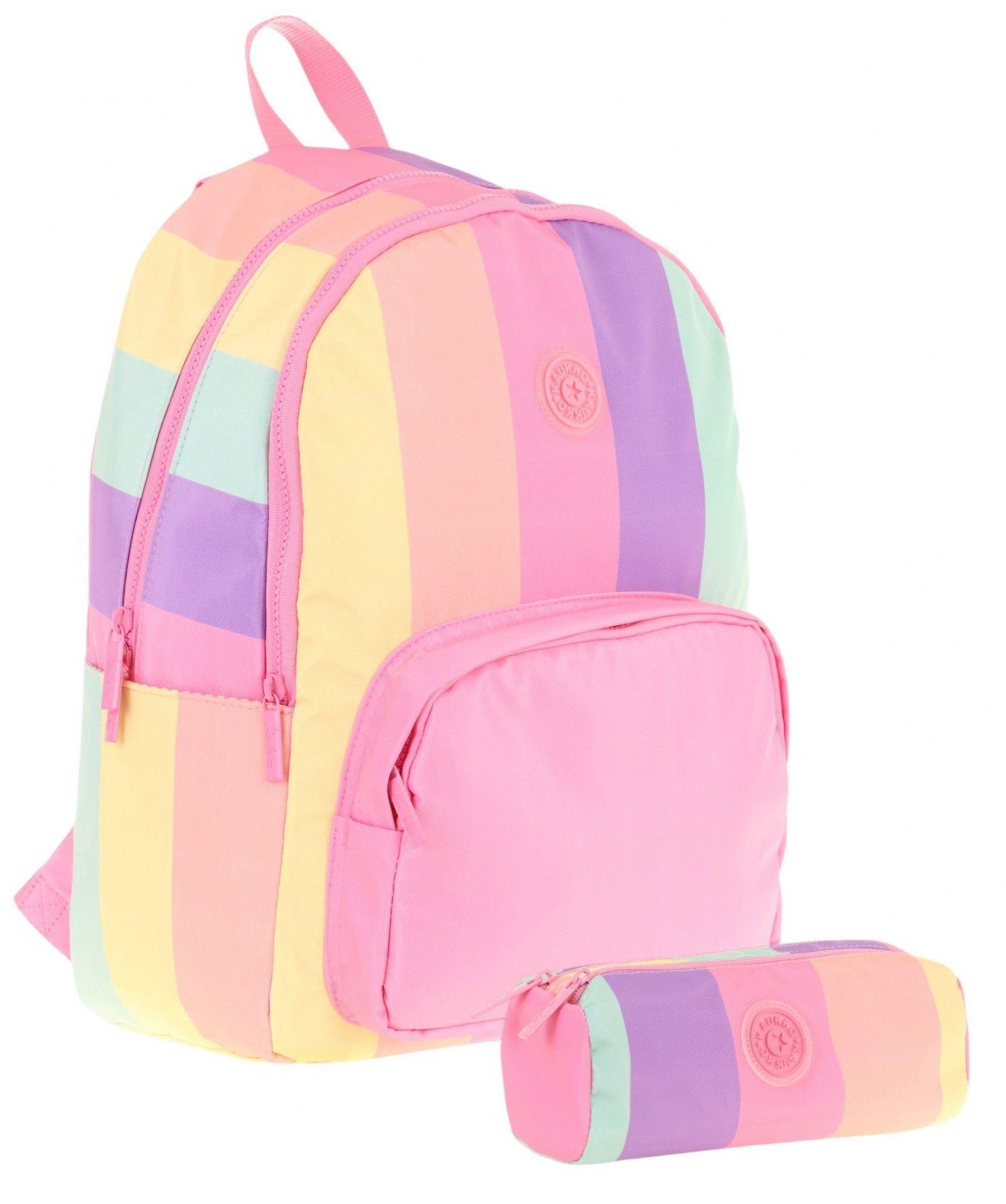 Kaukko Çizgili Pembe Çok Renkli Kız Çocuk Okul Çantası ve Kalemlik Seti (KK - K1802+KK - K2713)