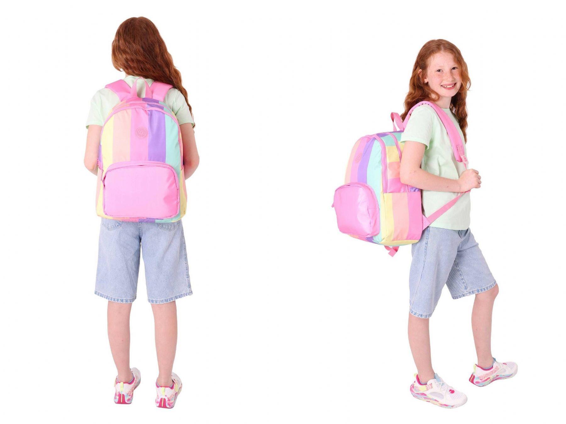 Kaukko Çizgili Pembe Çok Renkli Kız Çocuk Okul Çantası ve Kalemlik Seti (KK - K1802+KK - K2713)