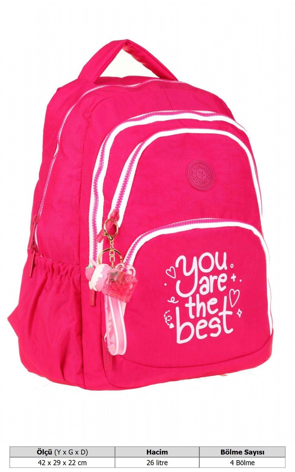 Kaukko Crazy Dört Bölmeli Kız Çocuk/Kadın Okul ve Günlük Sırt Çantası - Pembe (Krinkıl Kumaş) K1679