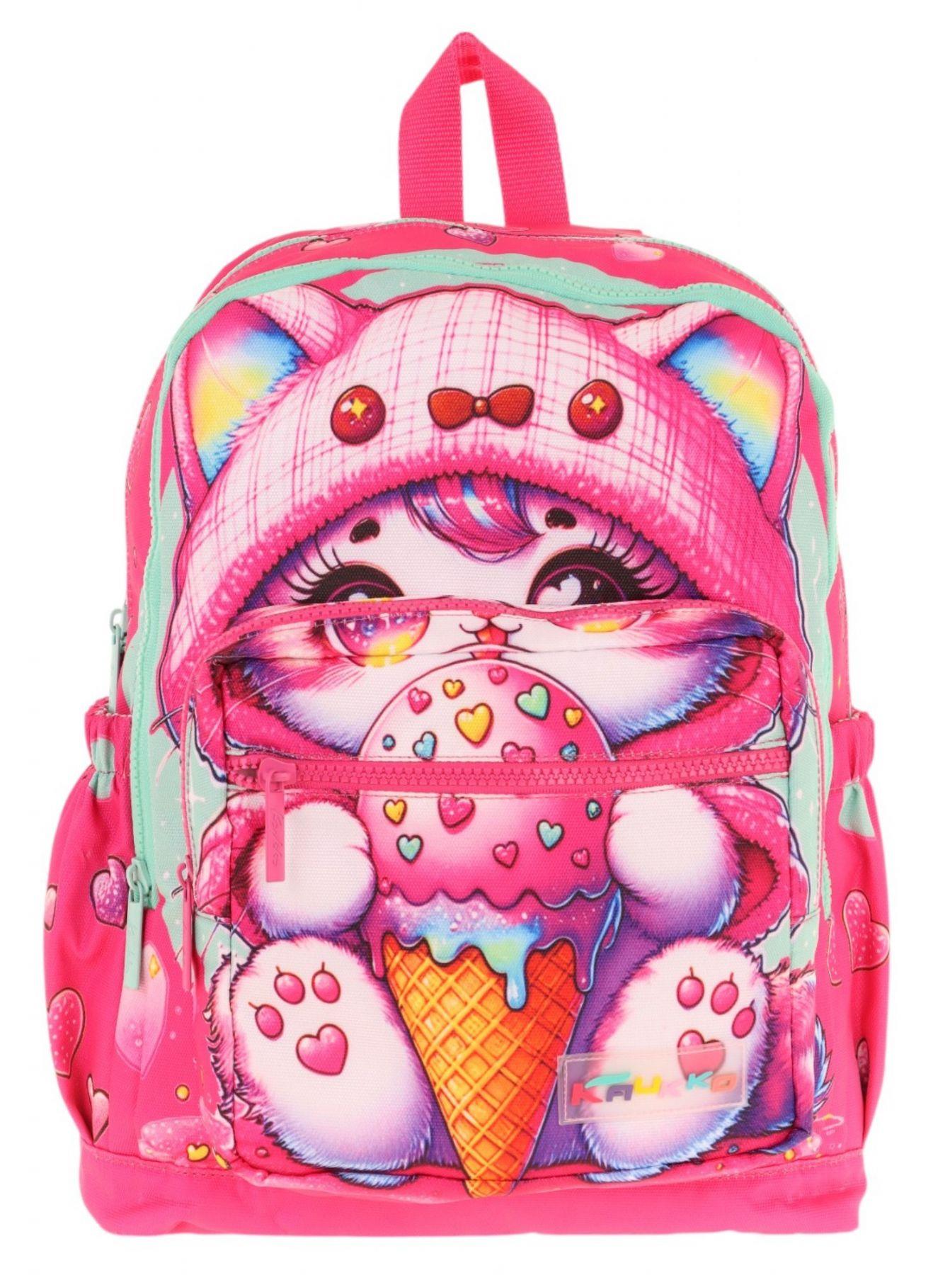 Kaukko Dört Bölmeli (Kız Çocuk - Pembe - Dondurma Yiyen Kedi) - İlkokul Okul Sırt Çantası - L5250