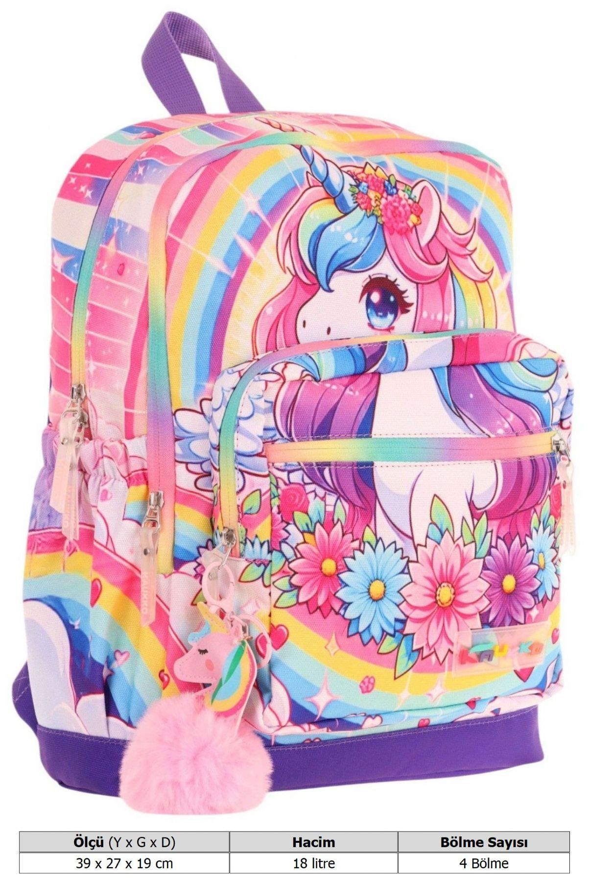 Kaukko Dört Bölmeli (Kız Çocuk - Pembe Mor - Unicorn Baskılı) - İlkokul Okul Sırt Çantası - L5249