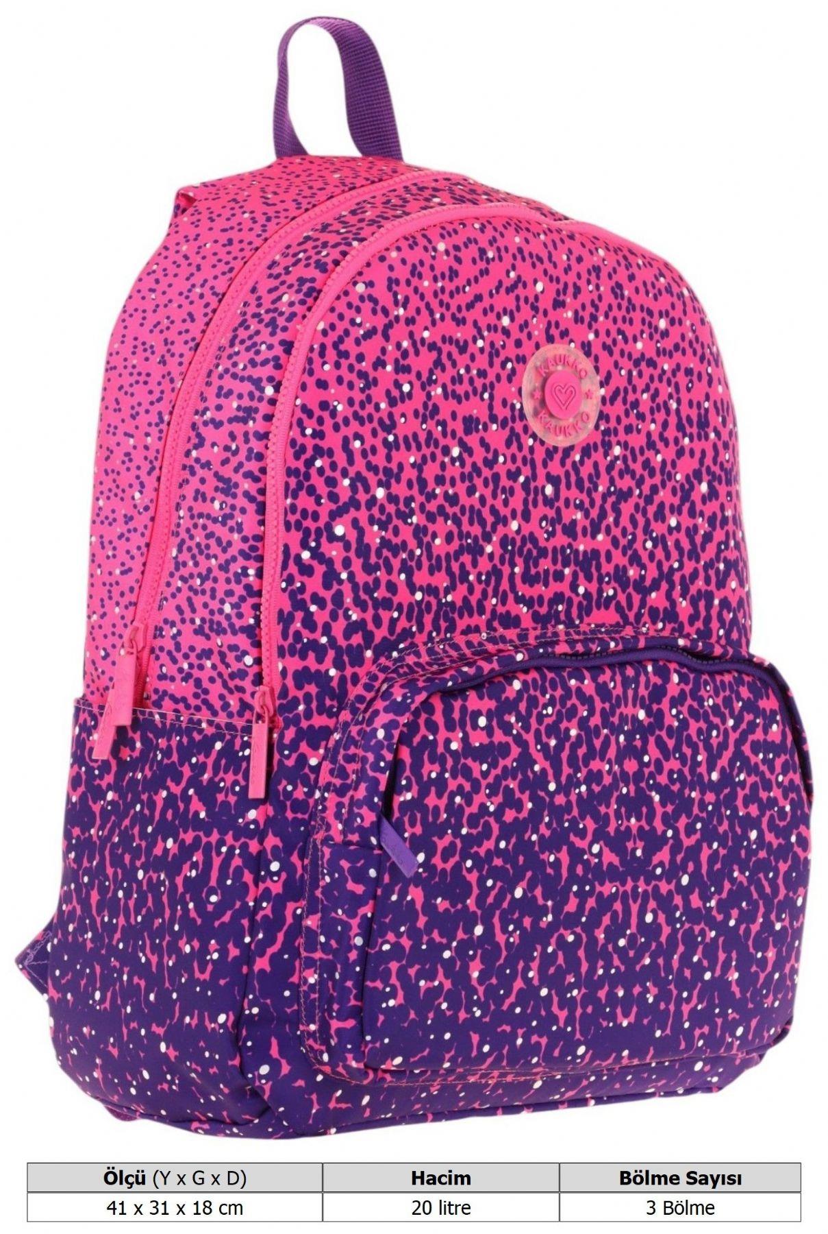 Kaukko Dots Kız Çocuk Üç Bölmeli İlkokul ve Ortaokul Çantası - Mor Nokta Desenli - K1806