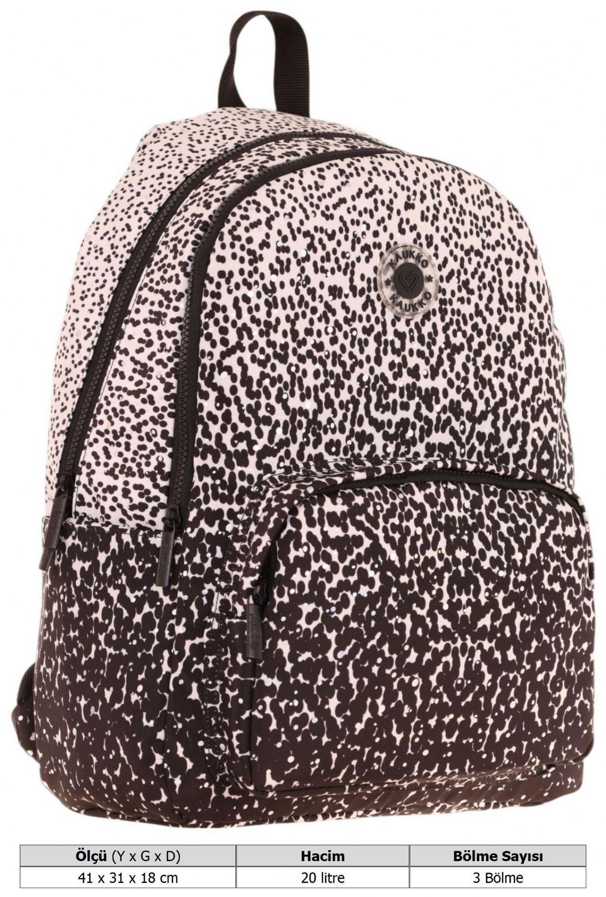 Kaukko Dots Kız Çocuk Üç Bölmeli İlkokul ve Ortaokul Çantası - Siyah Nokta Desenli - K1804