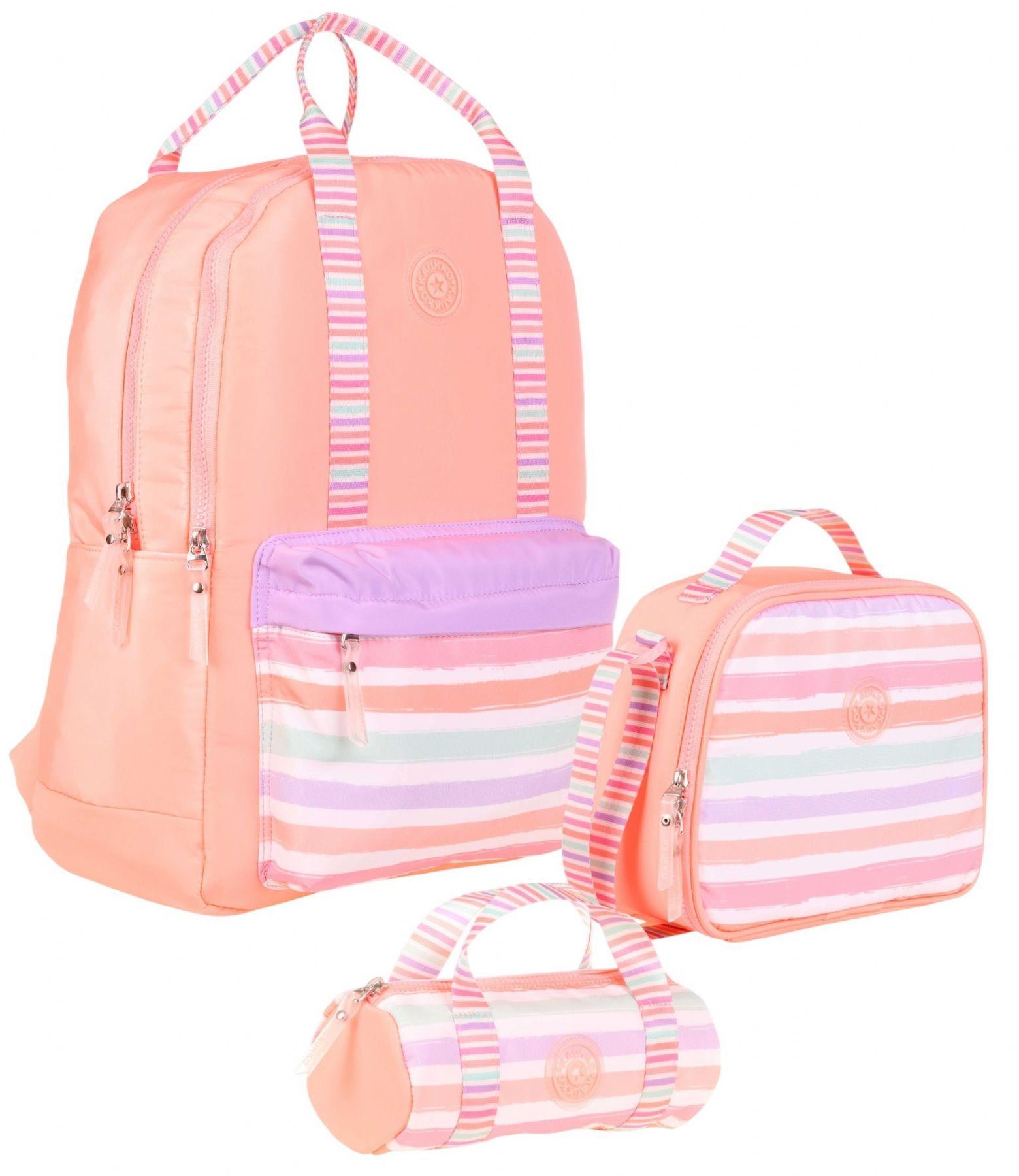 Kaukko Double Stripe Kız Çocuk İlkokul Üçlü Okul Çantası Seti - Somon - Çizgi Desenli