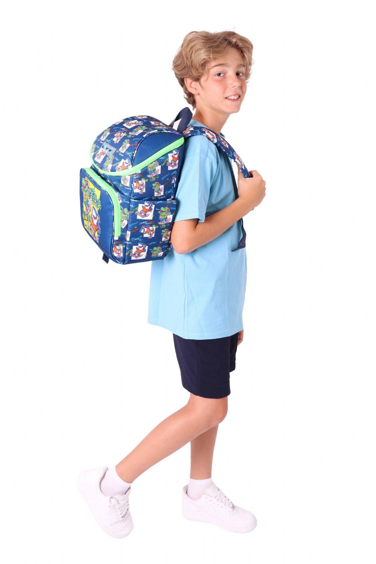 Kaukko İki Bölmeli Ergonomik Erkek Çocuk Okul Çantası (Lacivert Yeşil - Dinazor Baskılı) - L5256