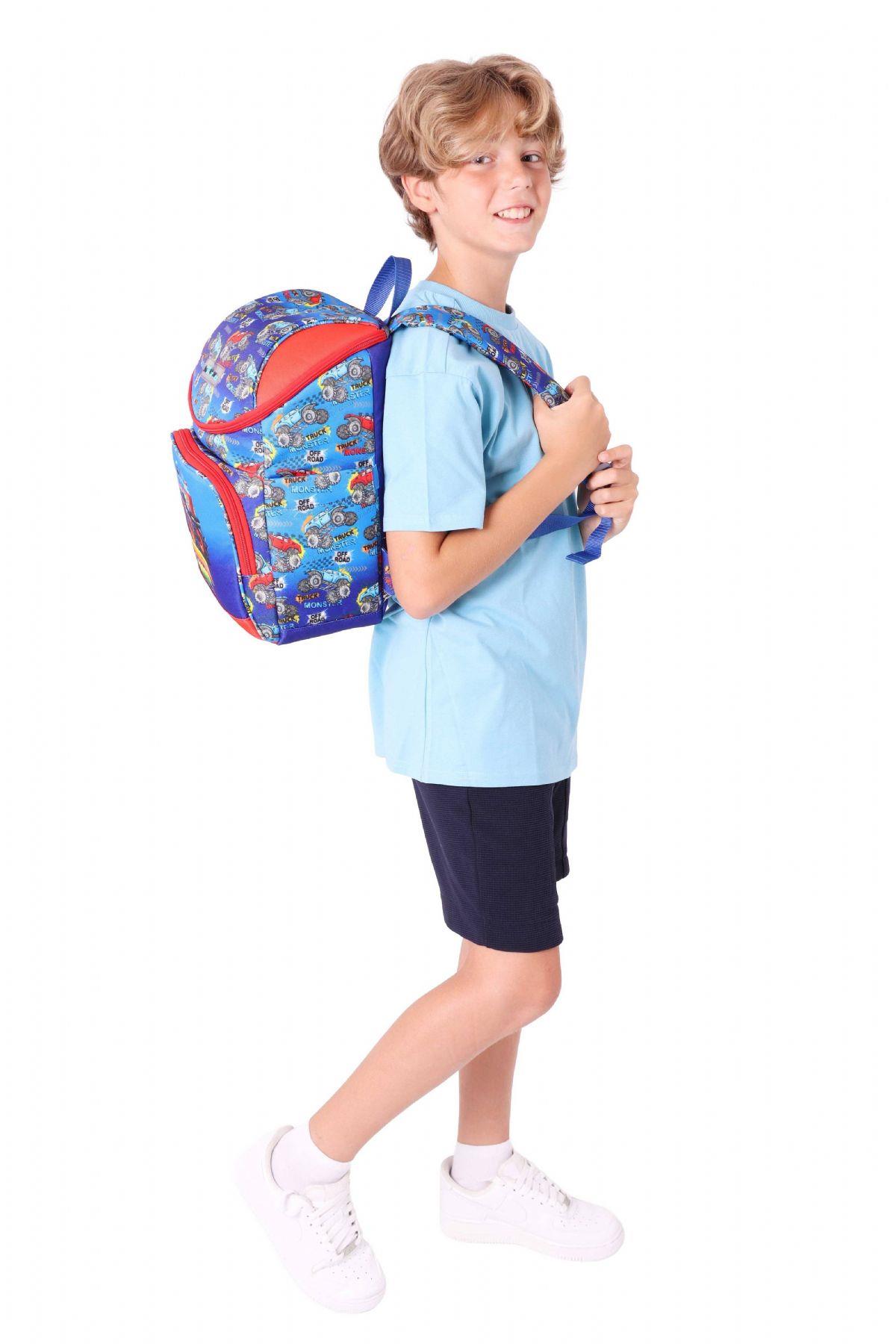 Kaukko İki Bölmeli Ergonomik Erkek Çocuk Okul Çantası (Lacivert Kırmızı - Kamyon Desenli) - L5257