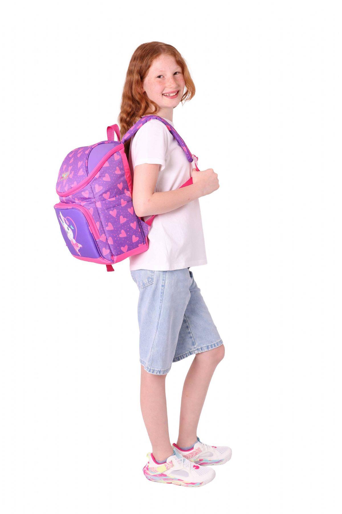 Kaukko İki Bölmeli Ergonomik Kız Çocuk Okul Çantası (Pembe Mor - Kalpli Tavşan Desenli) - L5246