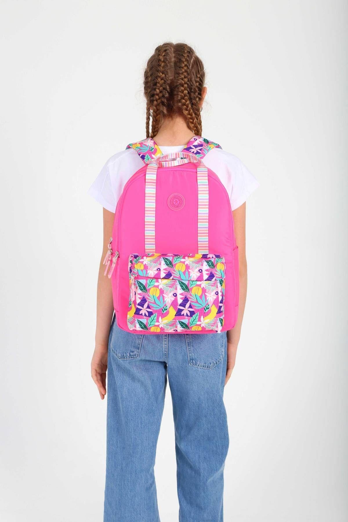Kaukko K1762 Kız Çocuk/Kadın (Pembe - Yaprak Desenli) Okul ve Günlük Sırt Çantası