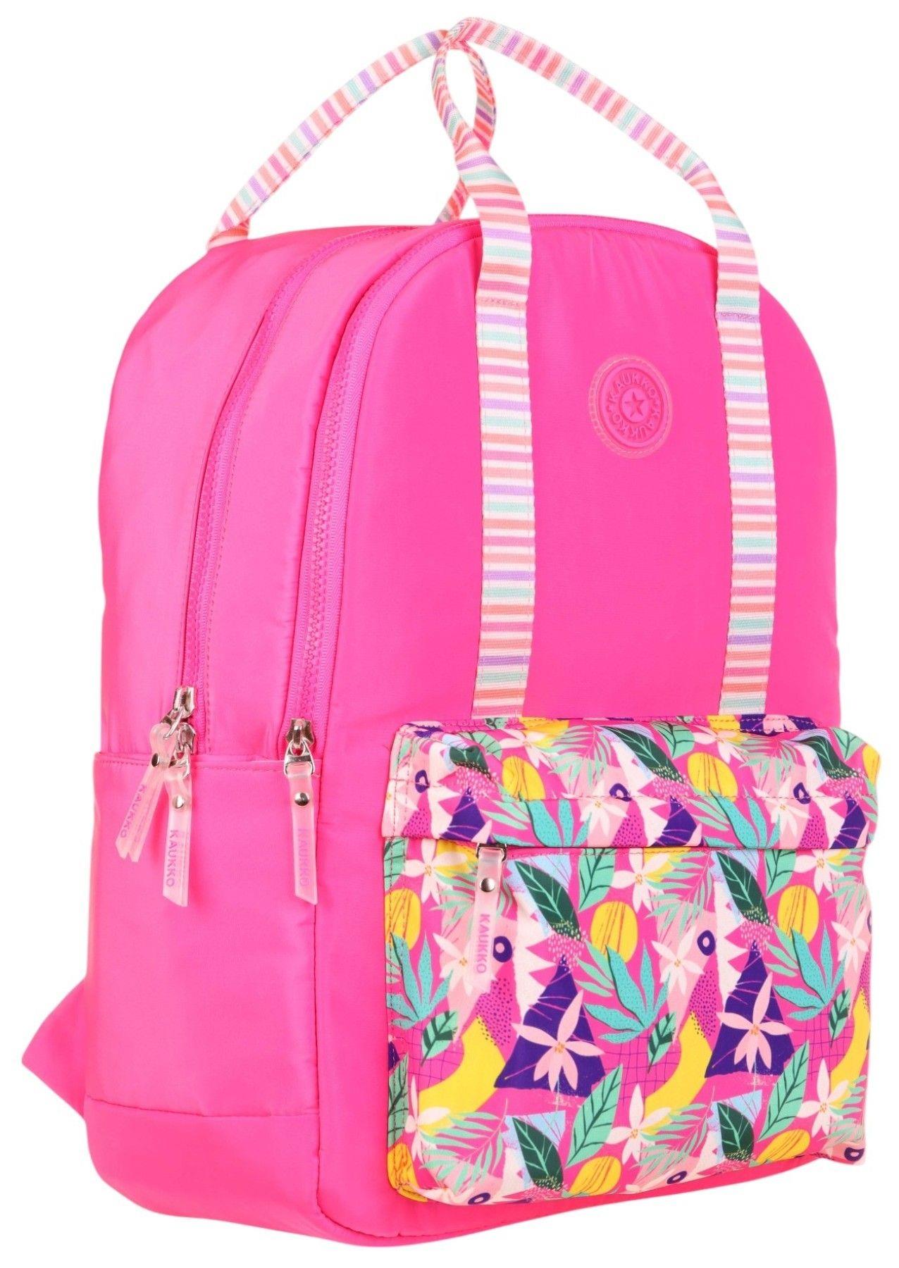 Kaukko K1762 Kız Çocuk/Kadın (Pembe - Yaprak Desenli) Okul ve Günlük Sırt Çantası