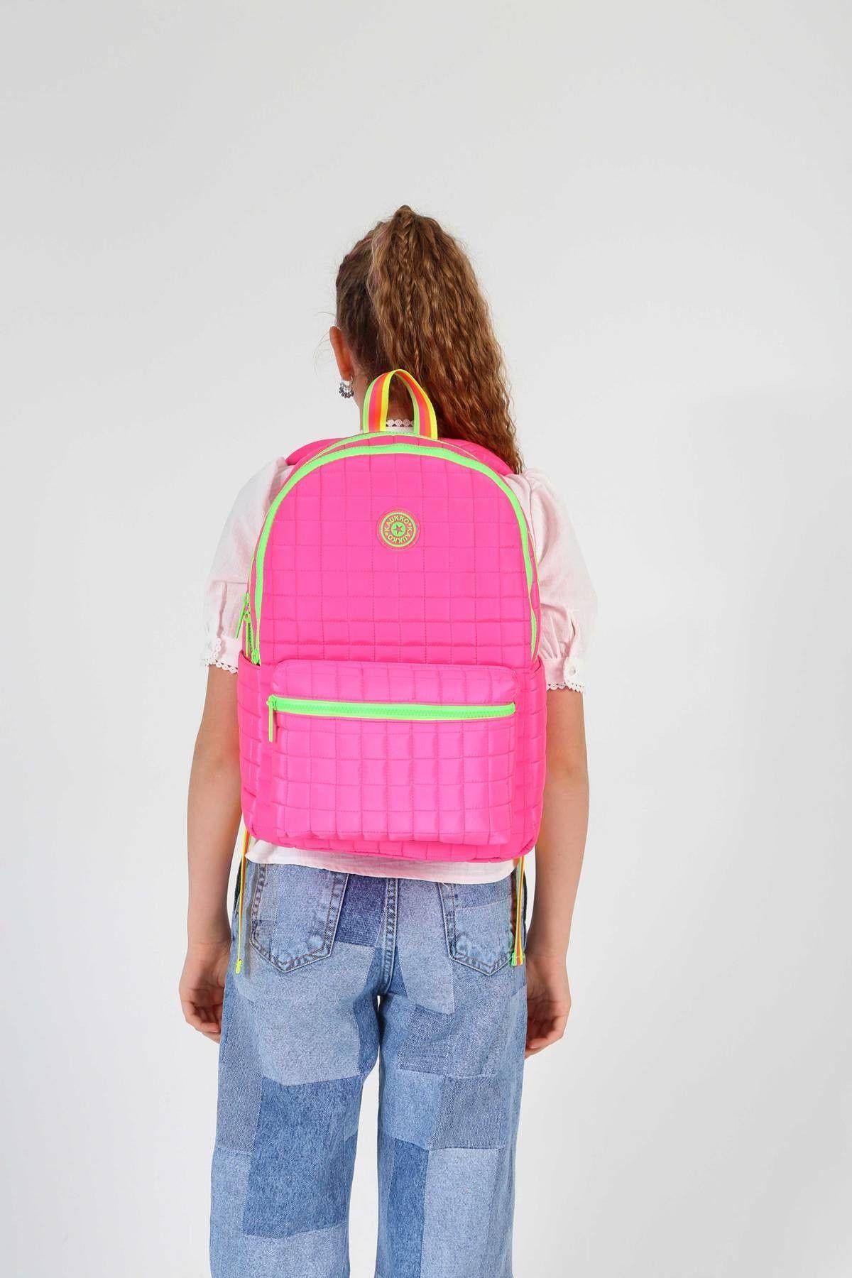 Kaukko Kapitoneli Üç Bölmeli Pembe Yeşil Kız Çocuk Okul ve Günlük Sırt Çantası - K1771