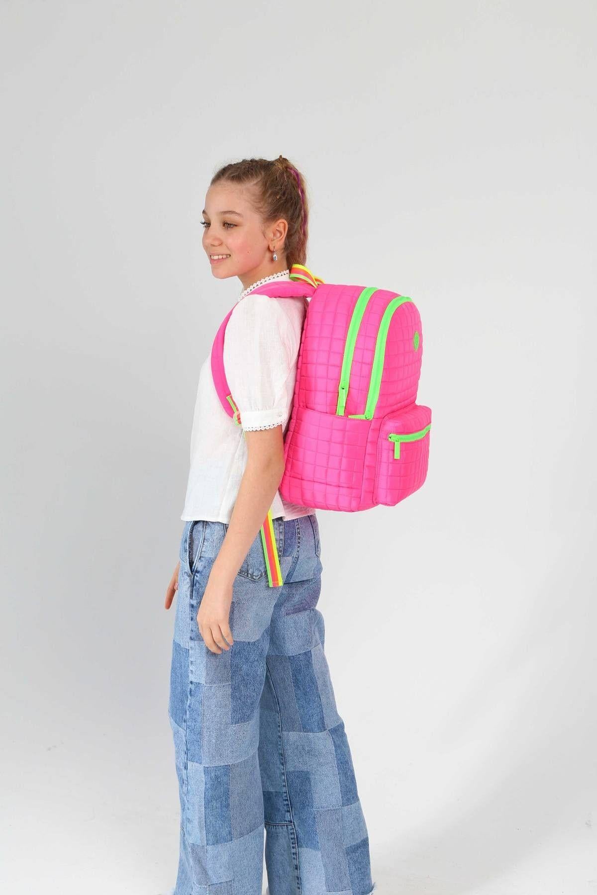 Kaukko Kapitoneli Üç Bölmeli Pembe Yeşil Kız Çocuk Okul ve Günlük Sırt Çantası - K1771