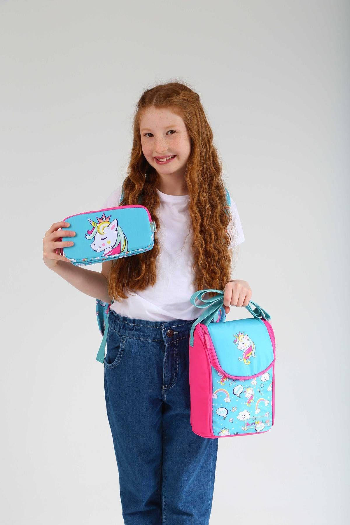 Kaukko Kids 3D Unicorn Şekilli Kız Çocuk Üçlü Okul Çantası Seti/Takımı - Turkuaz Pembe (L5155+L7155+L8155)