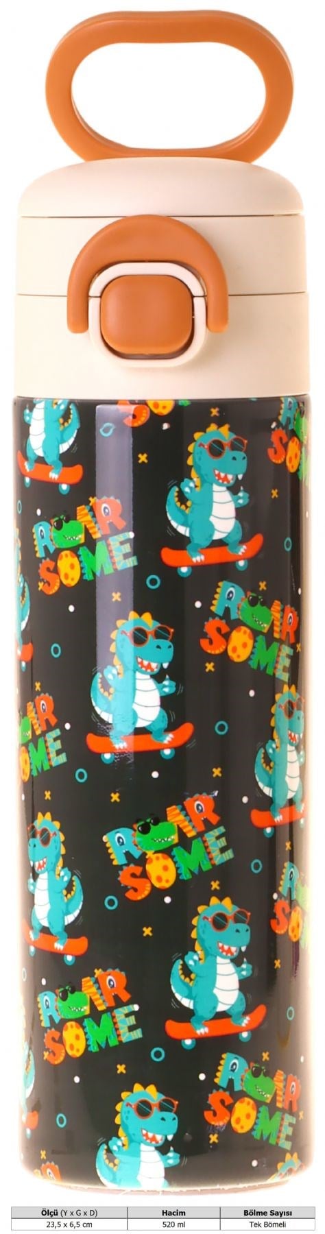 Kaukko Kids 520 ml Dinazor Baskılı Sarı - Mavi Erkek Çocuk Çelik Termos Matara (Çift İçim Kilitli Kapak) - L5397