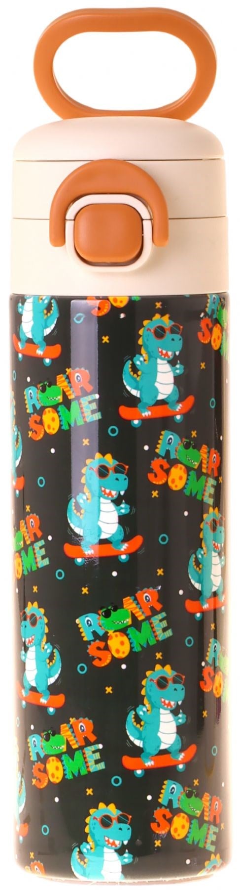 Kaukko Kids 520 ml Dinazor Baskılı Sarı - Mavi Erkek Çocuk Çelik Termos Matara (Çift İçim Kilitli Kapak) - L5397