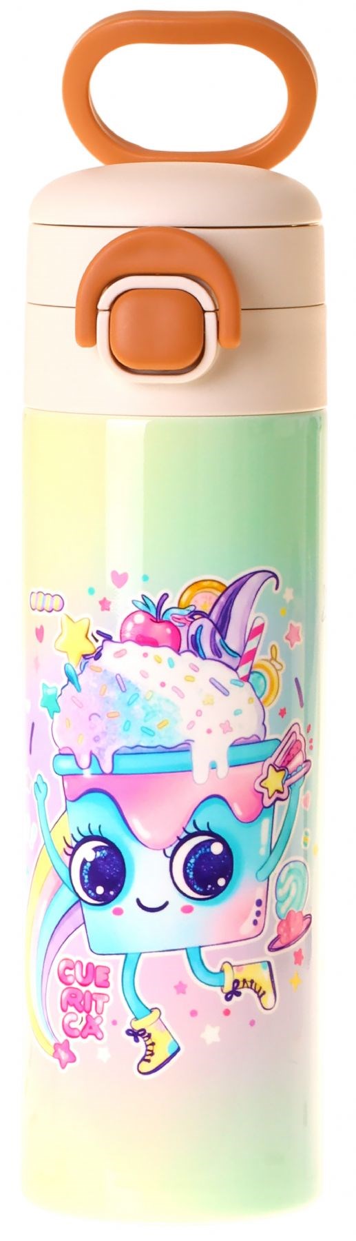 Kaukko Kids 520 ml Dondurma Desenli Pembe Kız Çocuk Çelik Termos Matara (Çift İçim Kilitli Kapak) - L5286