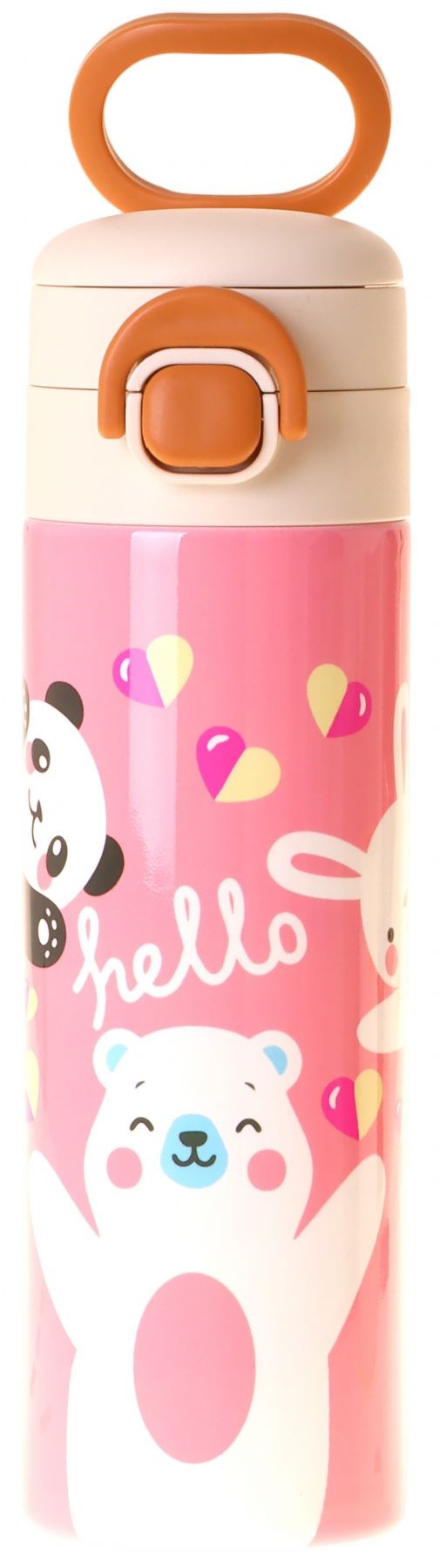 Kaukko Kids 520 ml Hello Baskılı Sarı - Pembe Kız Çocuk Çelik Termos Matara (Çift İçim Kilitli Kapak) - L5311