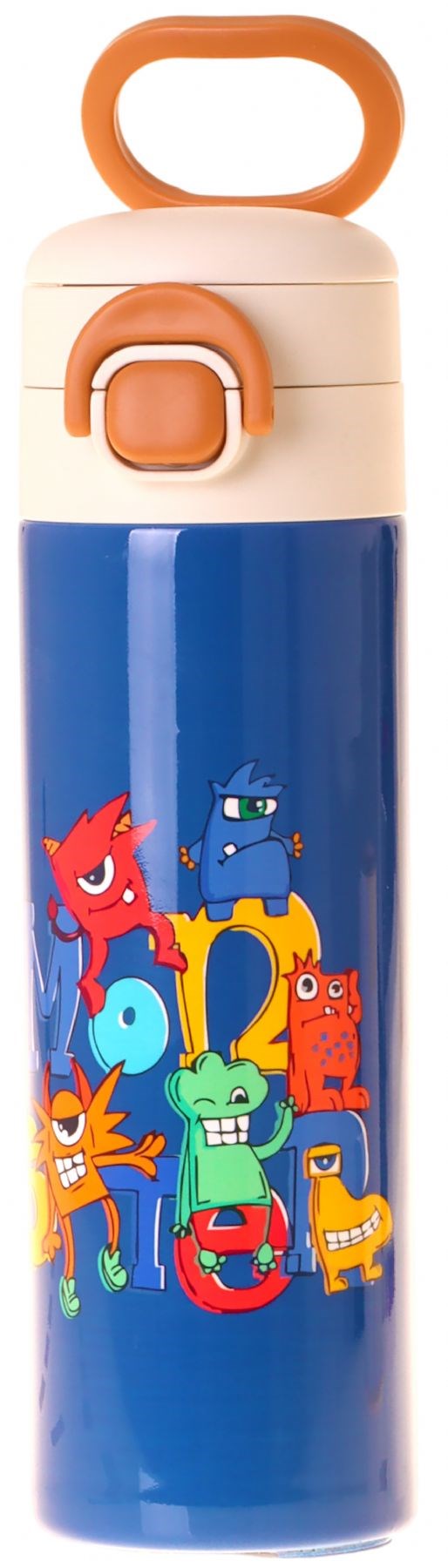 Kaukko Kids 520 ml Moster Baskılı Mavi Erkek Çocuk Çelik Termos Matara (Çift İçim Kilitli Kapak) - L5407