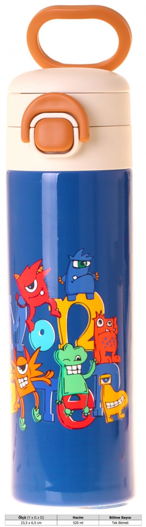 Kaukko Kids 520 ml Moster Baskılı Mavi Erkek Çocuk Çelik Termos Matara (Çift İçim Kilitli Kapak) - L5407