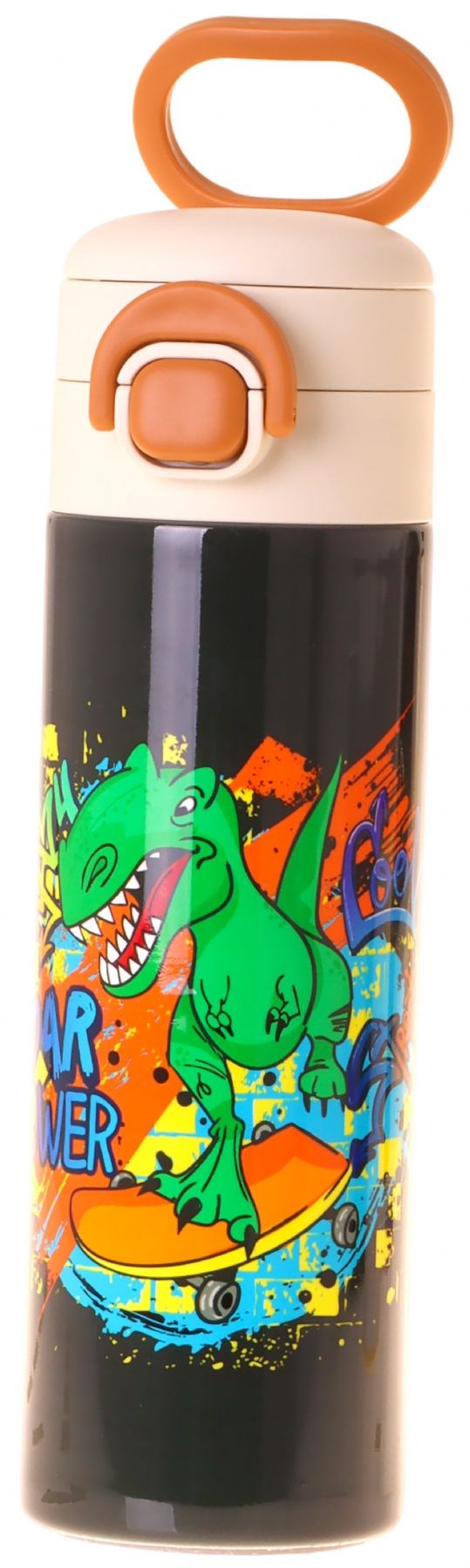 Kaukko Kids 520 ml Street Dinazor Baskılı Siyah - Yeşil Erkek Çocuk Çelik Termos Matara (Çift İçim Kilitli Kapak) - L5417