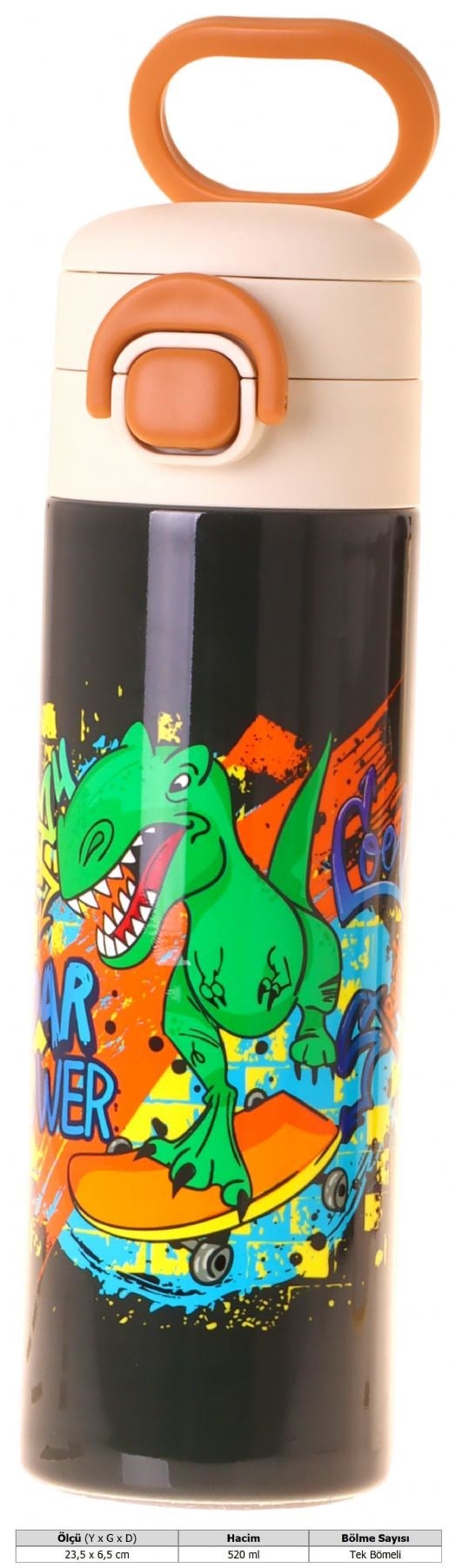 Kaukko Kids 520 ml Street Dinazor Baskılı Siyah - Yeşil Erkek Çocuk Çelik Termos Matara (Çift İçim Kilitli Kapak) - L5417