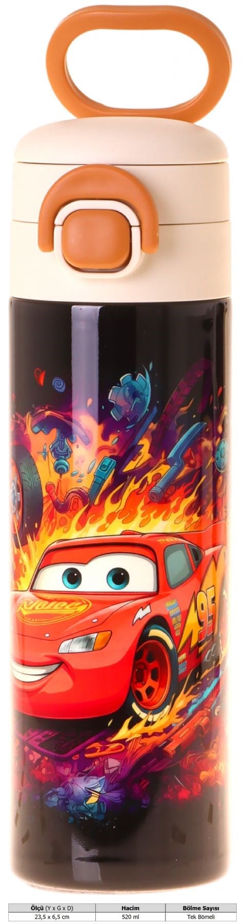 Kaukko Kids 520 ml Yarış Arabası Baskılı Kırmızı - Siyah Erkek Çocuk Çelik Termos Matara (Çift İçim Kilitli Kapak) - L5402