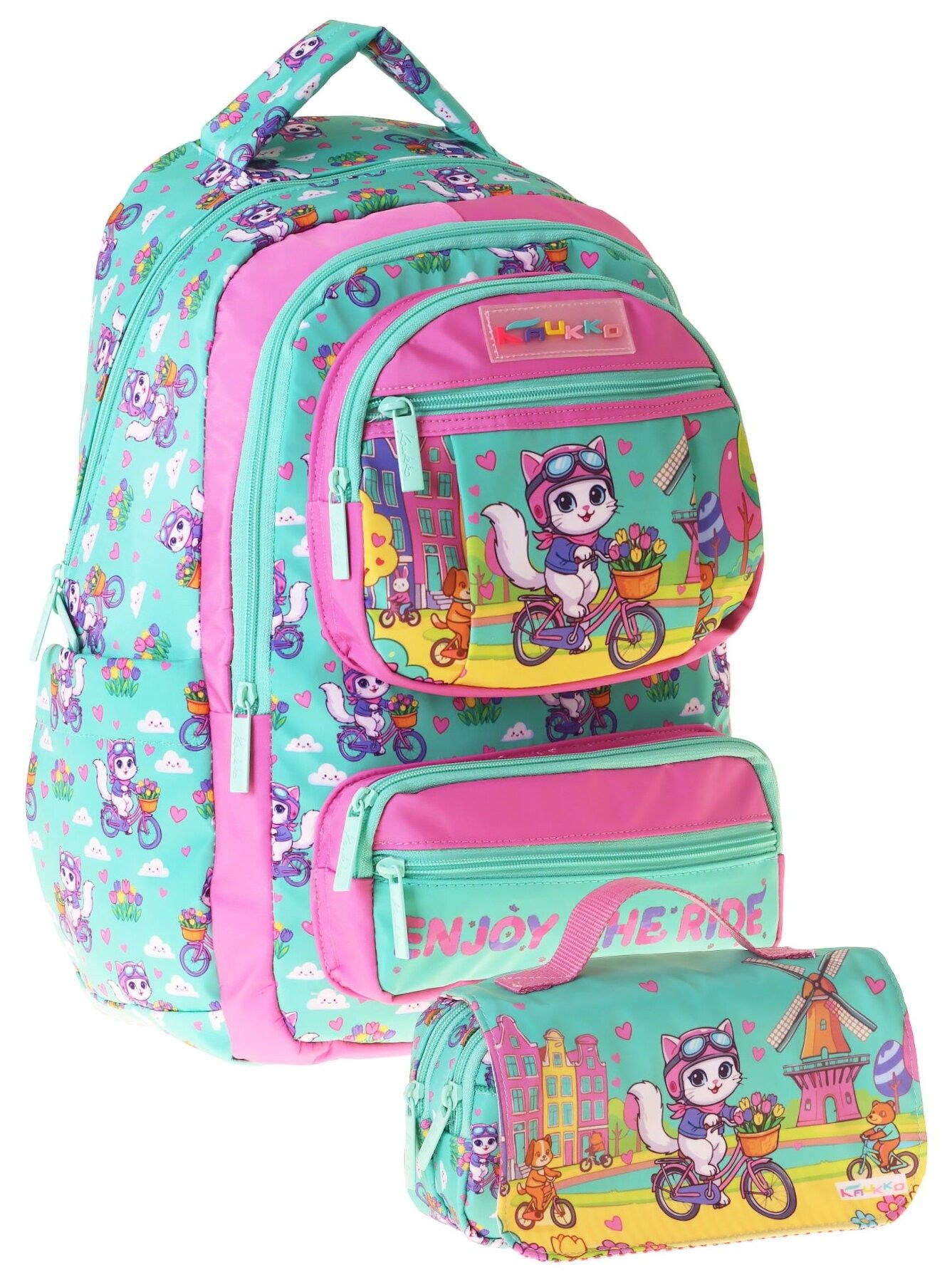 Kaukko Kids Cat Bike Yeşil - Pembe Kız Çocuk İlkokul Sırt Çantası ve Kalem Çantası Seti - SETKK-L5328C