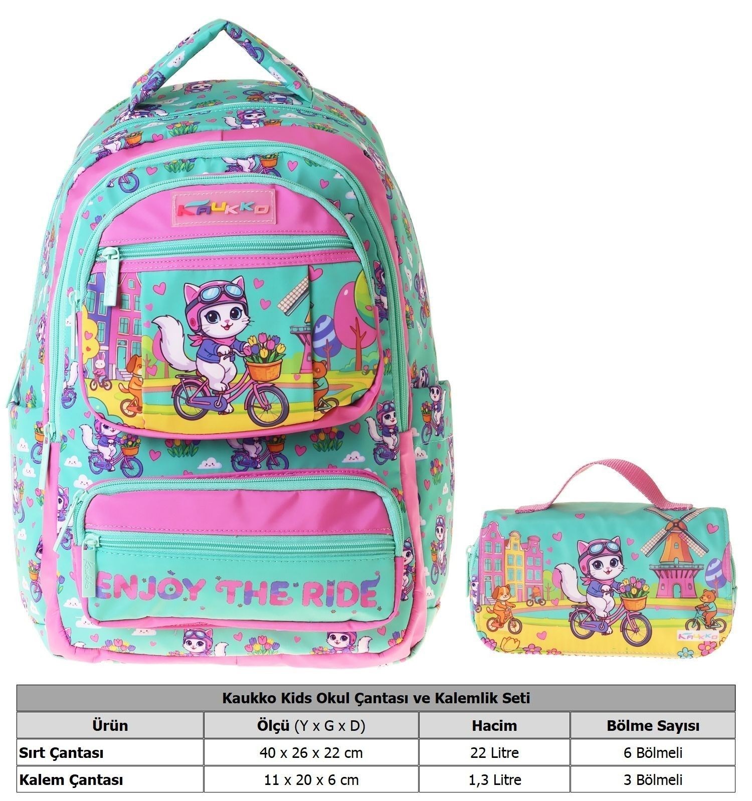Kaukko Kids Cat Bike Yeşil - Pembe Kız Çocuk İlkokul Sırt Çantası ve Kalem Çantası Seti - SETKK-L5328C