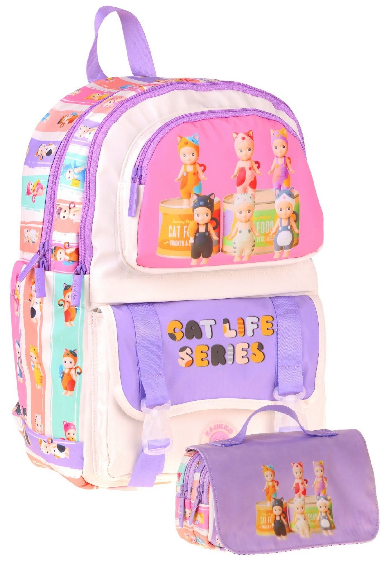 Kaukko Kids Cat Life Mor - Krem Kız Çocuk İlkokul Sırt Çantası ve Kalem Çantası Seti - SETKK-L5313C