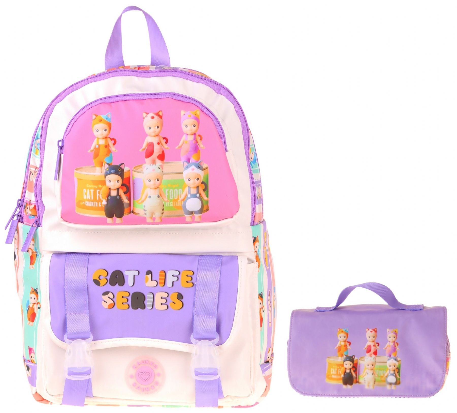 Kaukko Kids Cat Life Mor - Krem Kız Çocuk İlkokul Sırt Çantası ve Kalem Çantası Seti - SETKK-L5313C