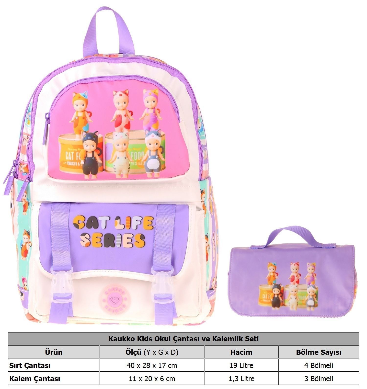 Kaukko Kids Cat Life Mor - Krem Kız Çocuk İlkokul Sırt Çantası ve Kalem Çantası Seti - SETKK-L5313C