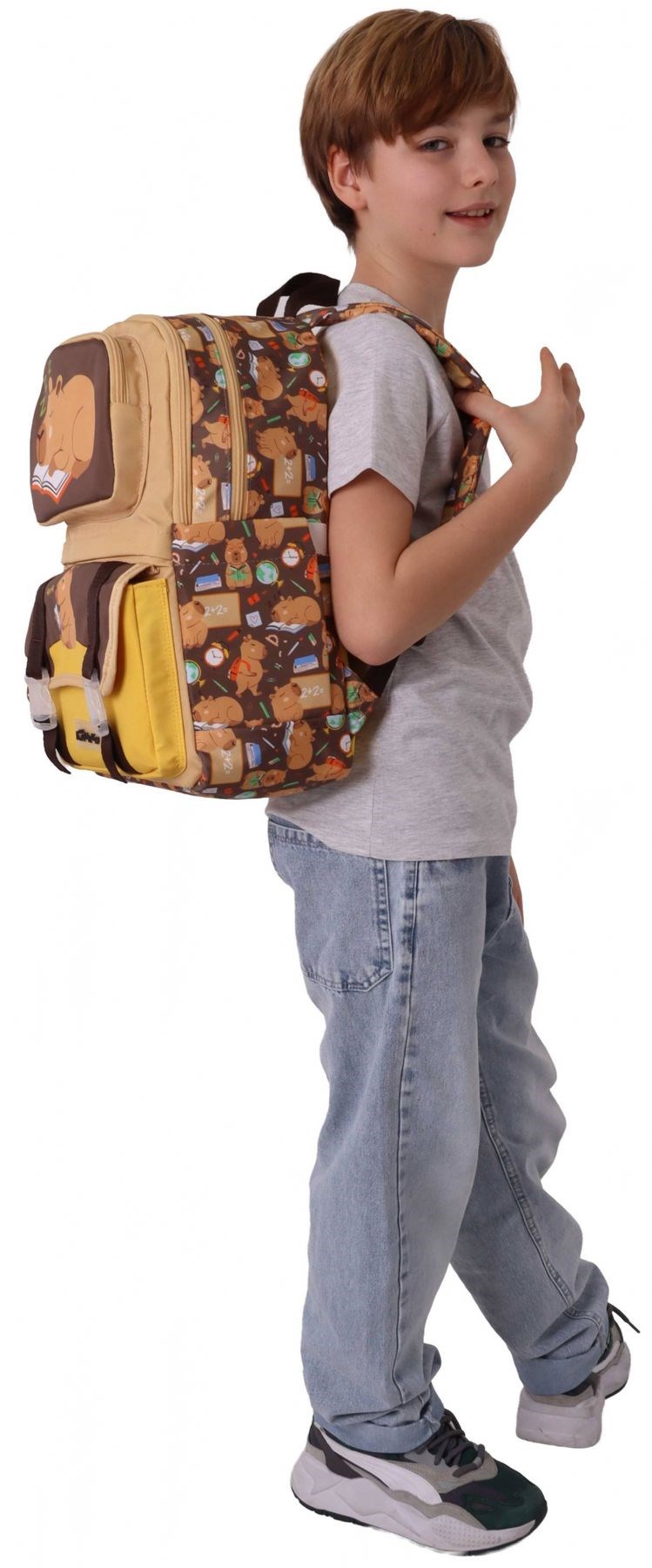 Kaukko Kids Dört Bölmeli Erkek Çocuk Clever Baskılı Kahverengi Okul Sırt Çantası - L5384