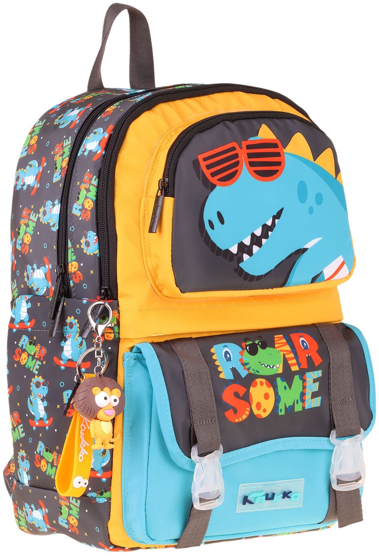 Kaukko Kids Dört Bölmeli Erkek Çocuk Dinazor Roar Some Baskılı Sarı - Mavi Okul Sırt Çantası - L5394