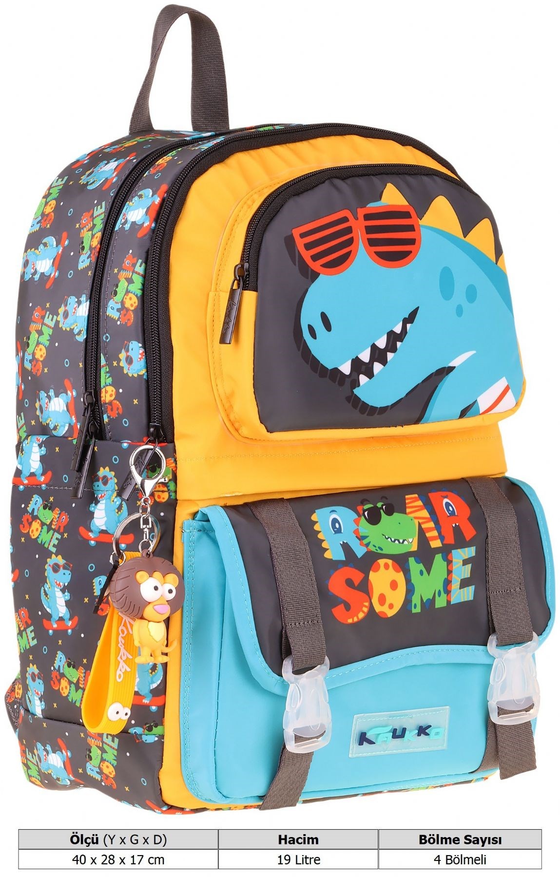 Kaukko Kids Dört Bölmeli Erkek Çocuk Dinazor Roar Some Baskılı Sarı - Mavi Okul Sırt Çantası - L5394
