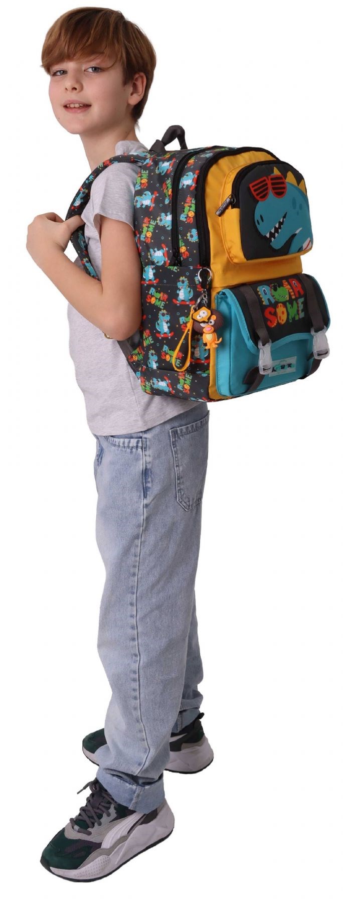 Kaukko Kids Dört Bölmeli Erkek Çocuk Dinazor Roar Some Baskılı Sarı - Mavi Okul Sırt Çantası - L5394