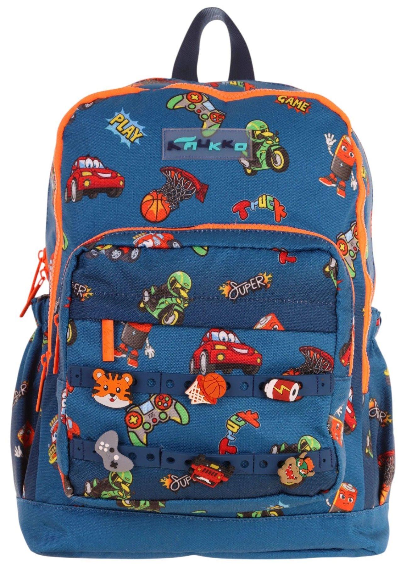 Kaukko Kids Dört Bölmeli Erkek Çocuk Silikon Aksesuarlı Lacivert Turuncu İlkokul Çantası