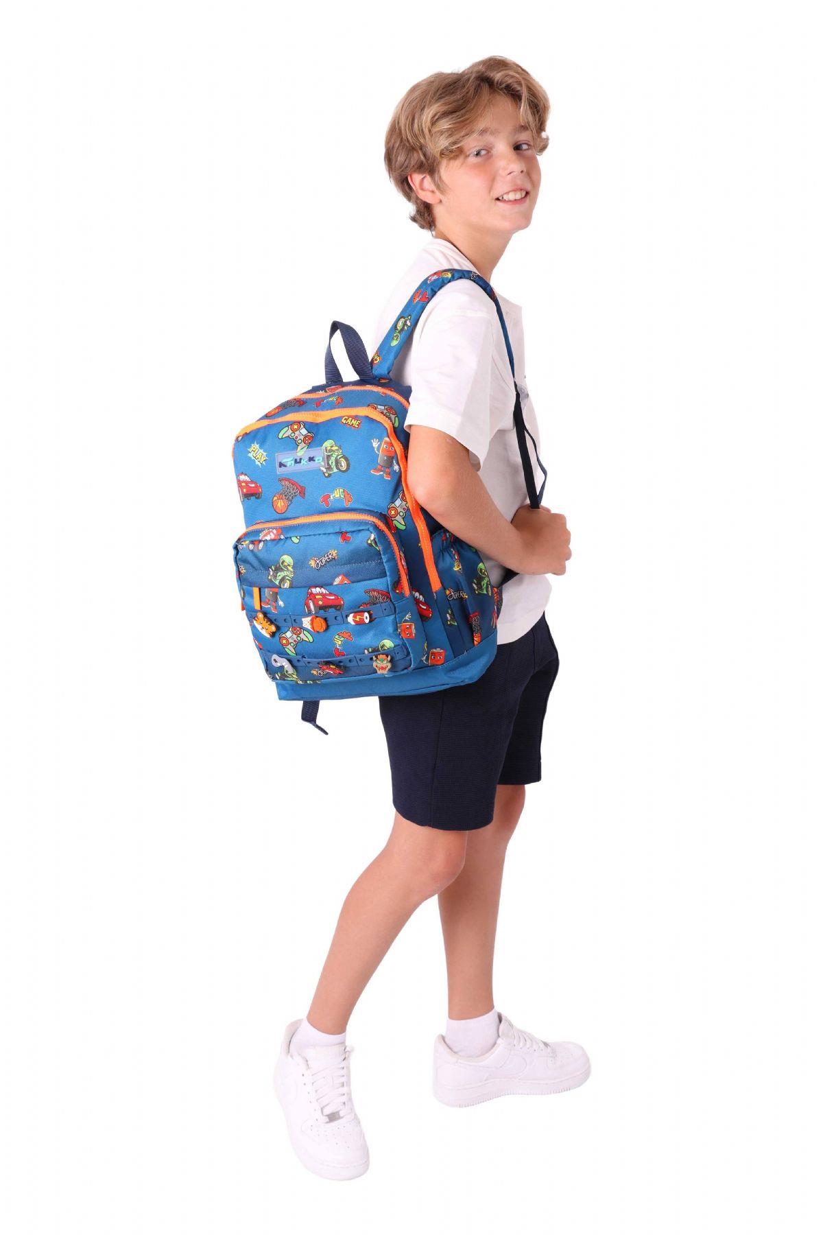 Kaukko Kids Dört Bölmeli Erkek Çocuk Silikon Aksesuarlı Lacivert Turuncu İlkokul Çantası