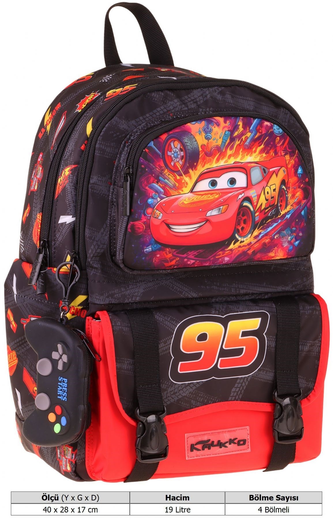 Kaukko Kids Dört Bölmeli Erkek Çocuk Yarış Arabası Baskılı Kırmızı - Siyah Okul Sırt Çantası - L5399