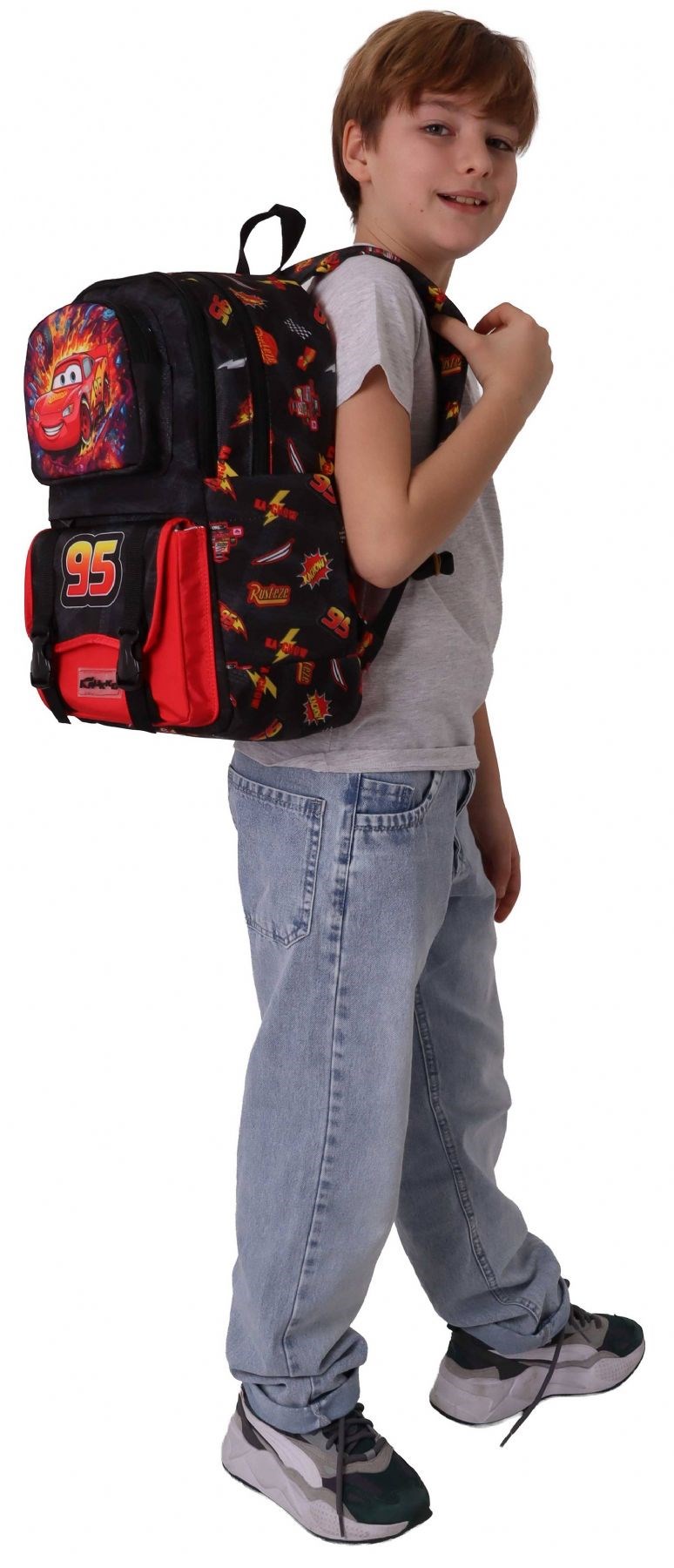 Kaukko Kids Dört Bölmeli Erkek Çocuk Yarış Arabası Baskılı Kırmızı - Siyah Okul Sırt Çantası - L5399