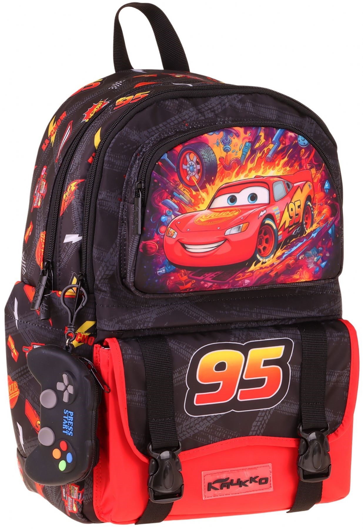 Kaukko Kids Dört Bölmeli Erkek Çocuk Yarış Arabası Baskılı Kırmızı - Siyah Okul Sırt Çantası - L5399