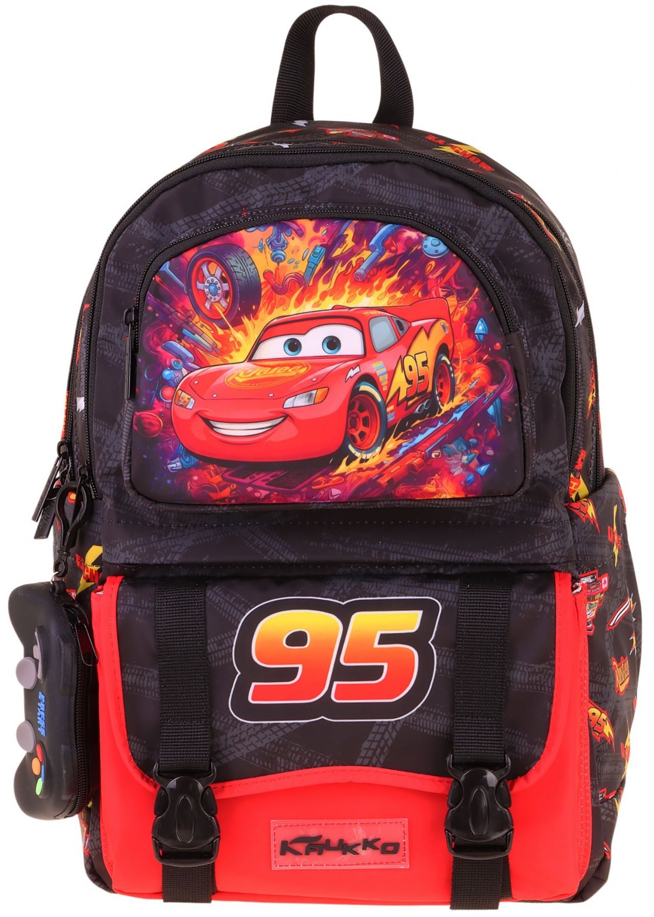 Kaukko Kids Dört Bölmeli Erkek Çocuk Yarış Arabası Baskılı Kırmızı - Siyah Okul Sırt Çantası - L5399